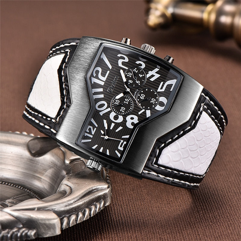 Oulm Classic Style Two Time Zone Men's Watches PU Leather Wristwatch Male Quartz Clock Casual Man Hours relogio masculino
