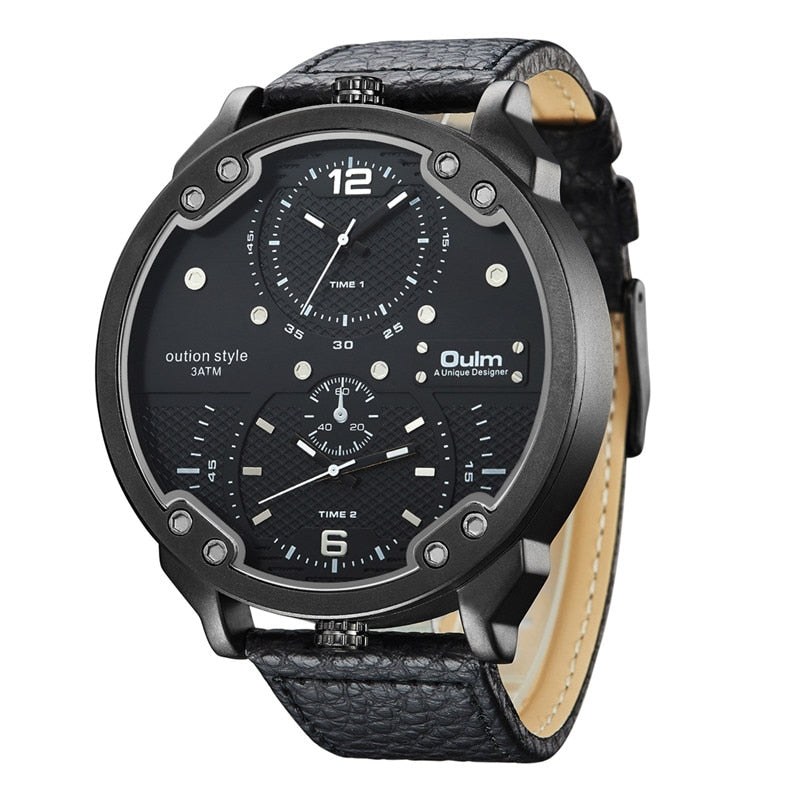 Oulm Men's Casual Sports Watches Unique Design Big Watch Male Leather Strap Quartz Clock Double Time Zone Men Luxury Wristwatch