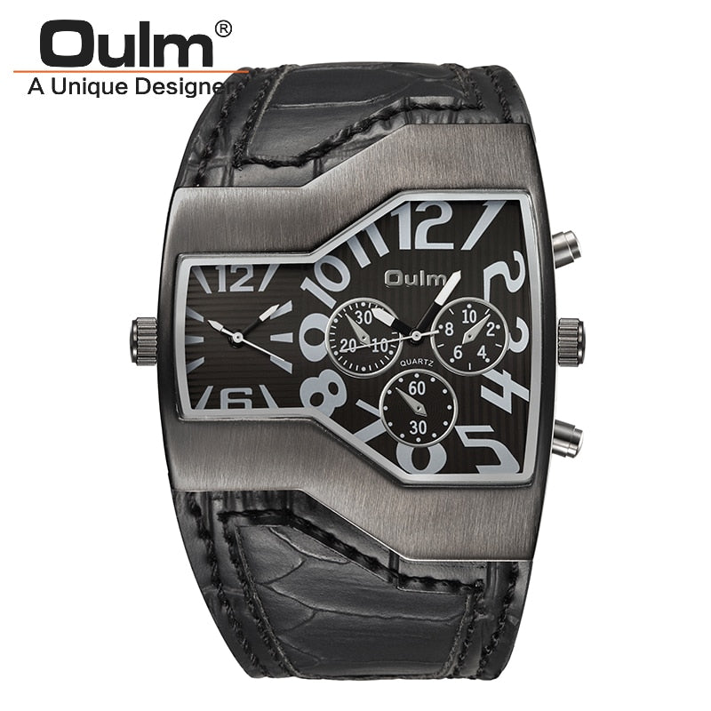 Oulm Classic Style Two Time Zone Men's Watches PU Leather Wristwatch Male Quartz Clock Casual Man Hours relogio masculino