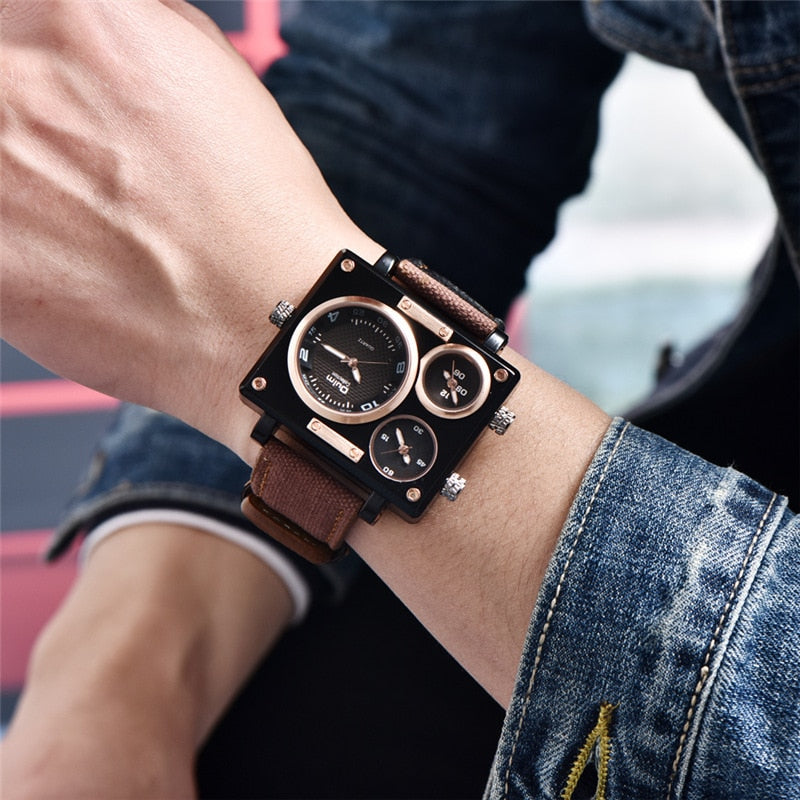 Oulm 3595 Military Watches Men Luxury Brand Three Time Zone Wristwatch Male Quartz Clock Men's Casual Fabric Watch