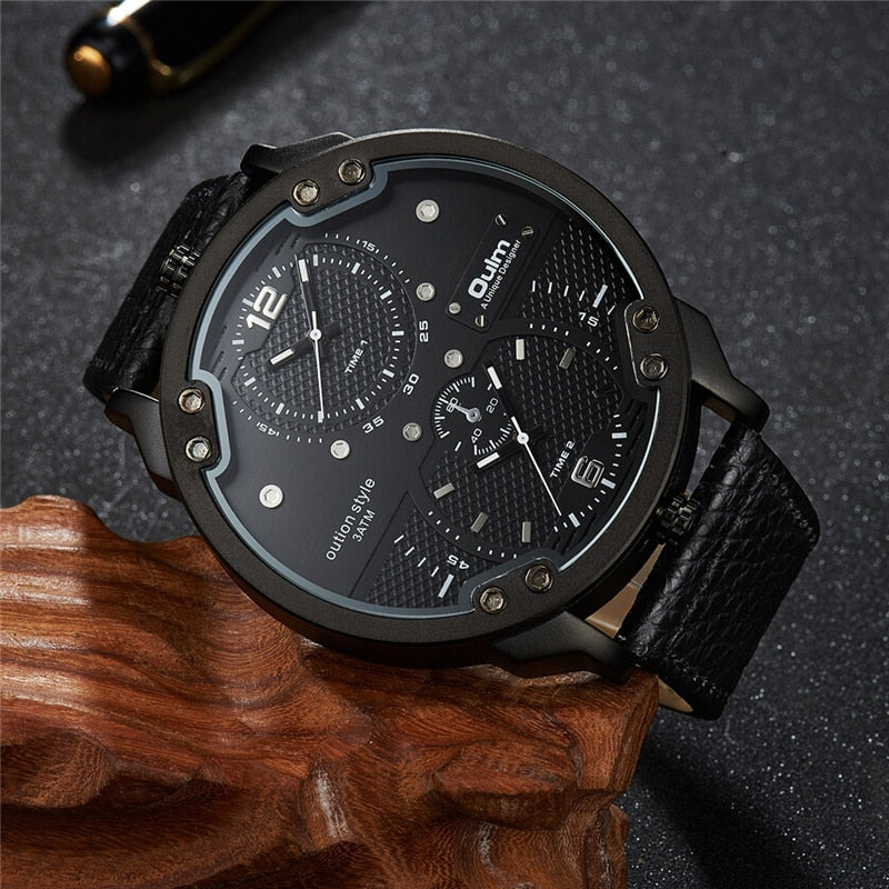 Oulm Men's Casual Sports Watches Unique Design Big Watch Male Leather Strap Quartz Clock Double Time Zone Men Luxury Wristwatch