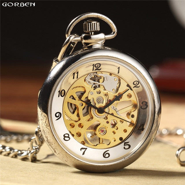 Luxury Silver Skeleton Mechacnical Mens Pocket Watch with FOB Chain Hot Smooth Steel Women Unisex Hand winding Pocket Watches