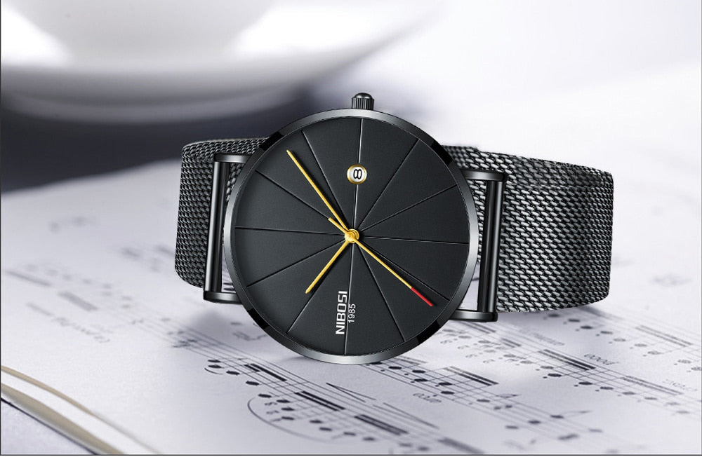 NIBOSI New Men's Watch Ultra-thin Fashion Watches Simple Business Men Quartz Watches Relogio Masculine Male Clock Mesh Band