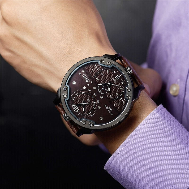 Oulm Men's Casual Sports Watches Unique Design Big Watch Male Leather Strap Quartz Clock Double Time Zone Men Luxury Wristwatch