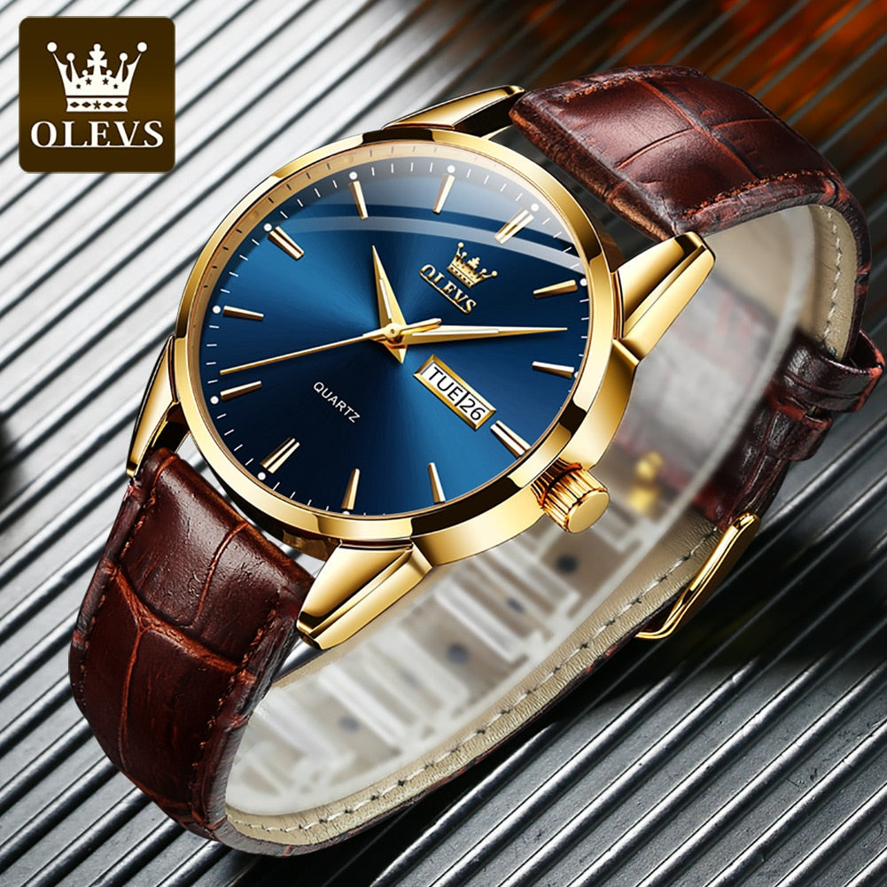 OLEVS Men Watches Top Brand Luxury Fashion Business Breathable Leather Luminous Hand Quartz Wristwatch Gift for Man Reloj Hombre