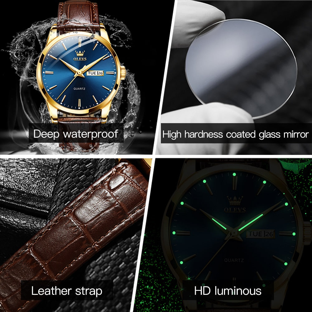 OLEVS Men Watches Top Brand Luxury Fashion Business Breathable Leather Luminous Hand Quartz Wristwatch Gift for Man Reloj Hombre