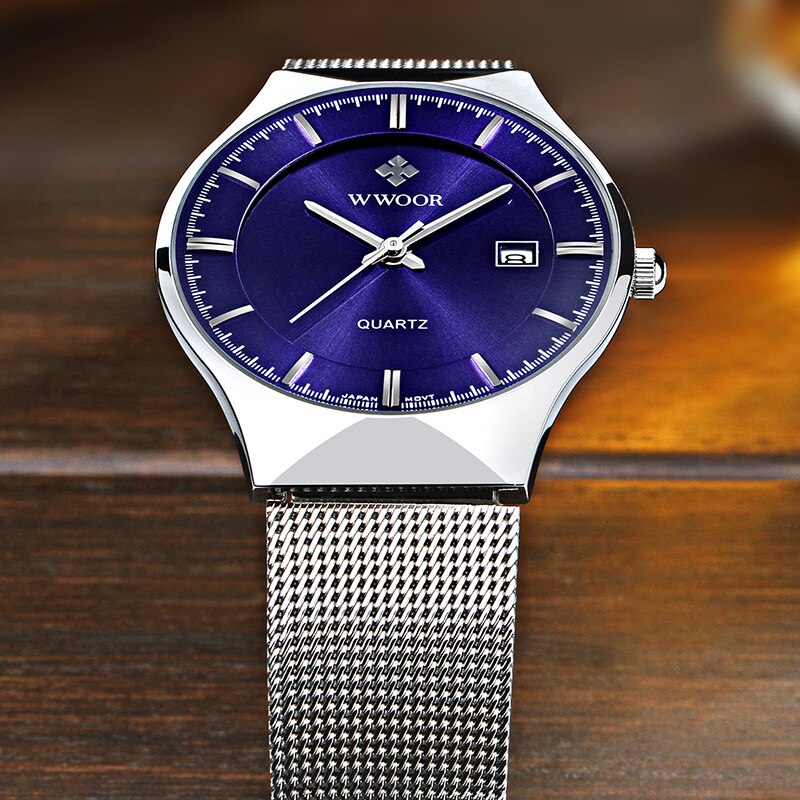 WWOOR Watch Men Luxury Ultra-thin Casual Mens Watch Blue Waterproof Stainless Steel Quartz Auto Date Fashion Watches Mens 2021