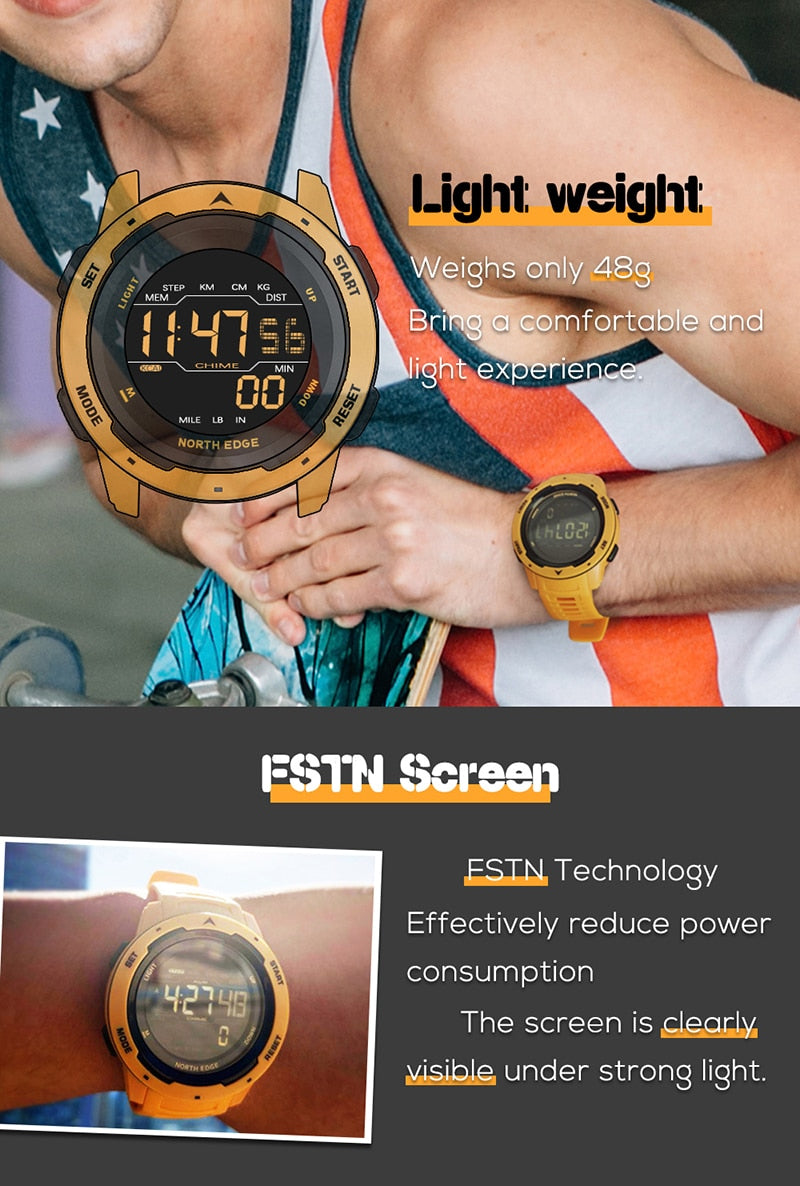 NORTH EDGE Mars Men Smartwatch Women Sports Watches Military Clock Dual Time Pedometer Digital Alarm Countdown Waterproof 50M