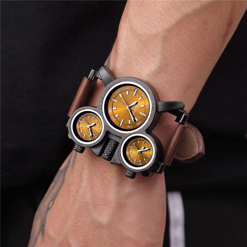 Punk Style Men Watches Oulm 1167 New Retro Male Quartz Watch Unique 3 Time Zone Quartz Clock Leather Man Military Wristwatch