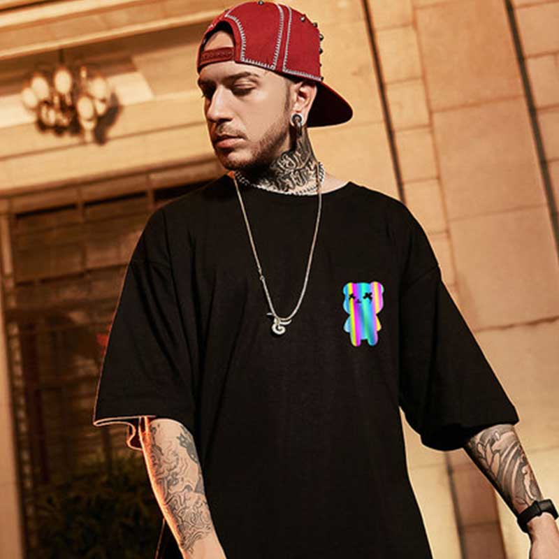 Oversize t shirts Cartoon Bear Print Reflective Rainbow T Shirts Harajuku Streetwear Top Tees Cotton Casual Half Sleeve Clothing