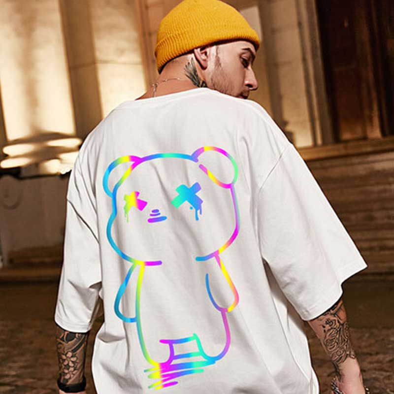 Oversize t shirts Cartoon Bear Print Reflective Rainbow T Shirts Harajuku Streetwear Top Tees Cotton Casual Half Sleeve Clothing