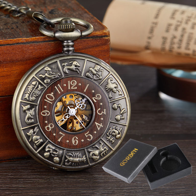 Solid Wood Mechanical Pocket Watch FOB Chain Locket Dial Hollow Steampunk Skeleton Men Women Mens Male Clock Watches Box Package