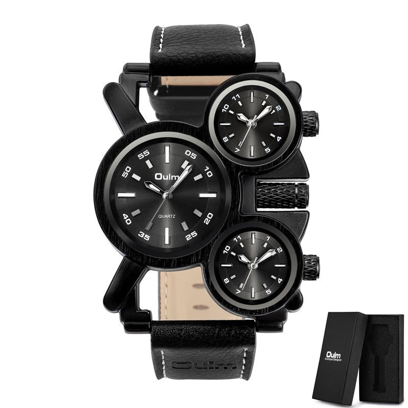 Punk Style Men Watches Oulm 1167 New Retro Male Quartz Watch Unique 3 Time Zone Quartz Clock Leather Man Military Wristwatch