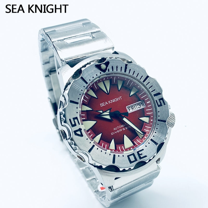 Sea knight Monster Automatic Watch Men NH36A Men's Mechanical Watches Sapphire Vintage Red Dial Green Luminous 200M Diver Watch