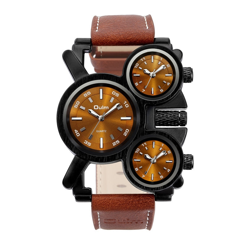 Punk Style Men Watches Oulm 1167 New Retro Male Quartz Watch Unique 3 Time Zone Quartz Clock Leather Man Military Wristwatch