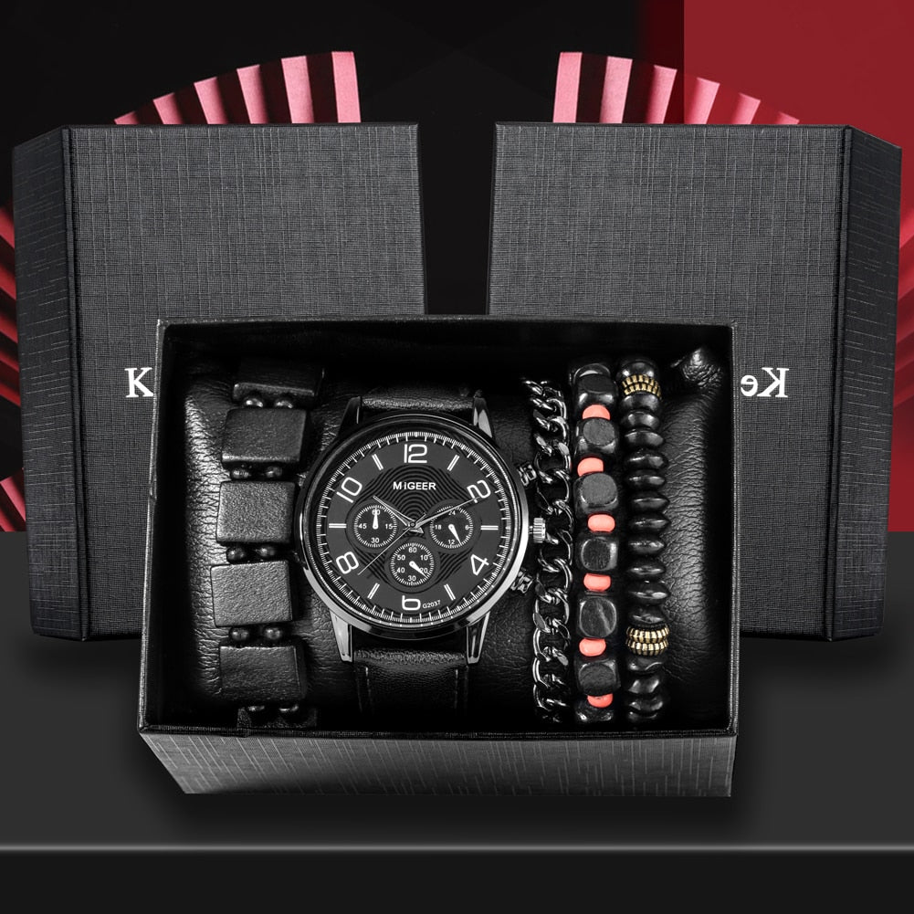 Watch Gift Set for Men Black Quartz Numerals Dial Men's Leather Watches Adjustable Bracelet Men Gift Set for Birthday with Boxes