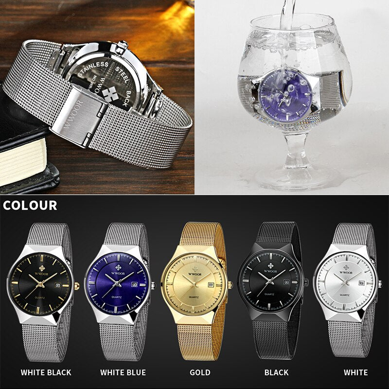 WWOOR Watch Men Luxury Ultra-thin Casual Mens Watch Blue Waterproof Stainless Steel Quartz Auto Date Fashion Watches Mens 2021