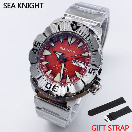Sea knight Monster Automatic Watch Men NH36A Men's Mechanical Watches Sapphire Vintage Red Dial Green Luminous 200M Diver Watch