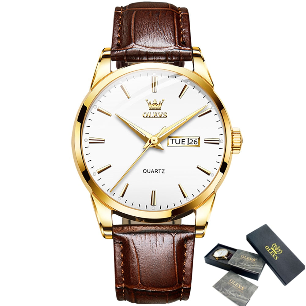 OLEVS Men Watches Top Brand Luxury Fashion Business Breathable Leather Luminous Hand Quartz Wristwatch Gift for Man Reloj Hombre