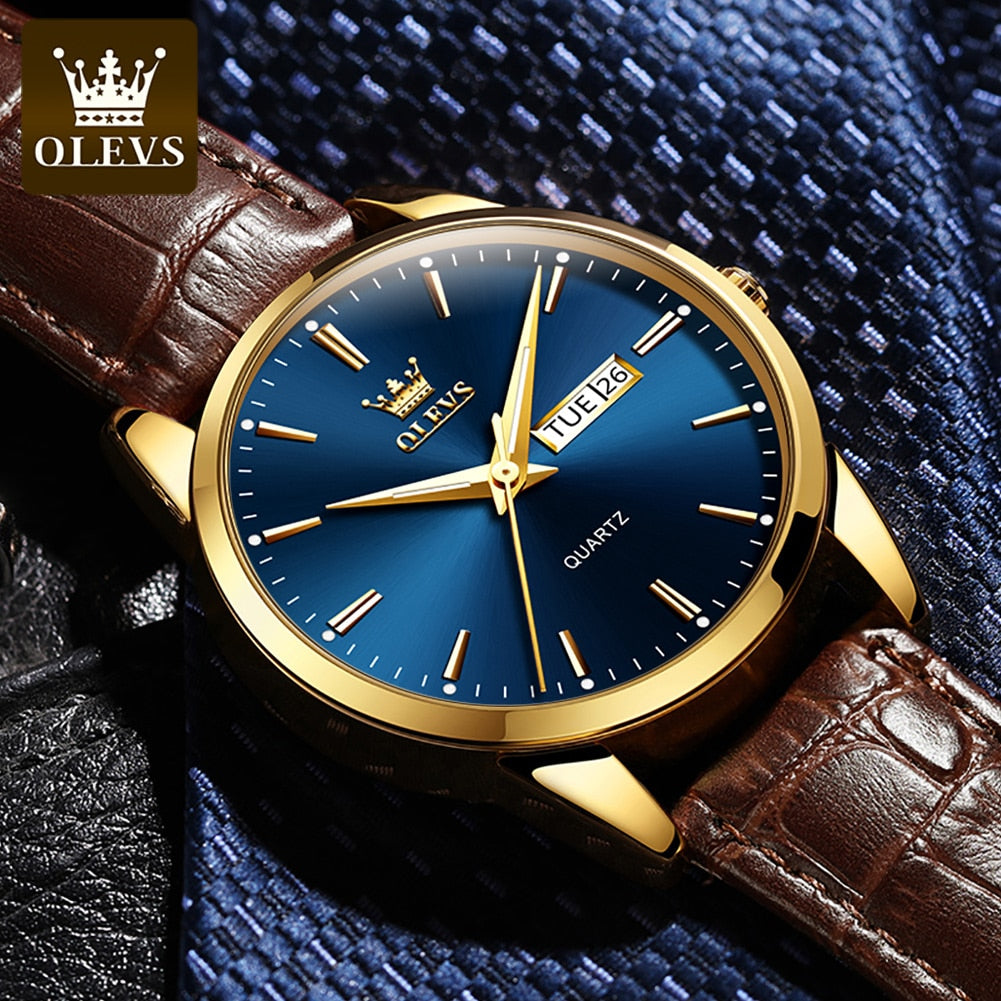 OLEVS Men Watches Top Brand Luxury Fashion Business Breathable Leather Luminous Hand Quartz Wristwatch Gift for Man Reloj Hombre