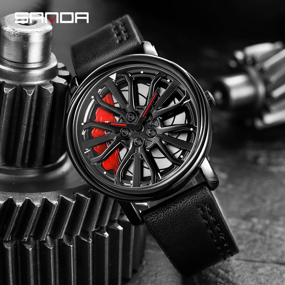 Hot Sell Fashion Men Quartz WristWatch Creative 360 Degree Rotating Car Wheel Quartz Watch Leather Waterproof Rim Hub Clock Men