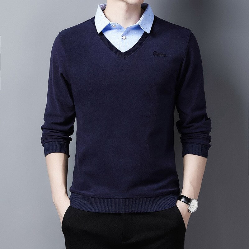 Ymwmhu New Fake Two Piece Men Polo Shirt Long Sleeve Warm Autumn and Winter Polo Shirt for Man Slim Fit Clothing Korean Tops