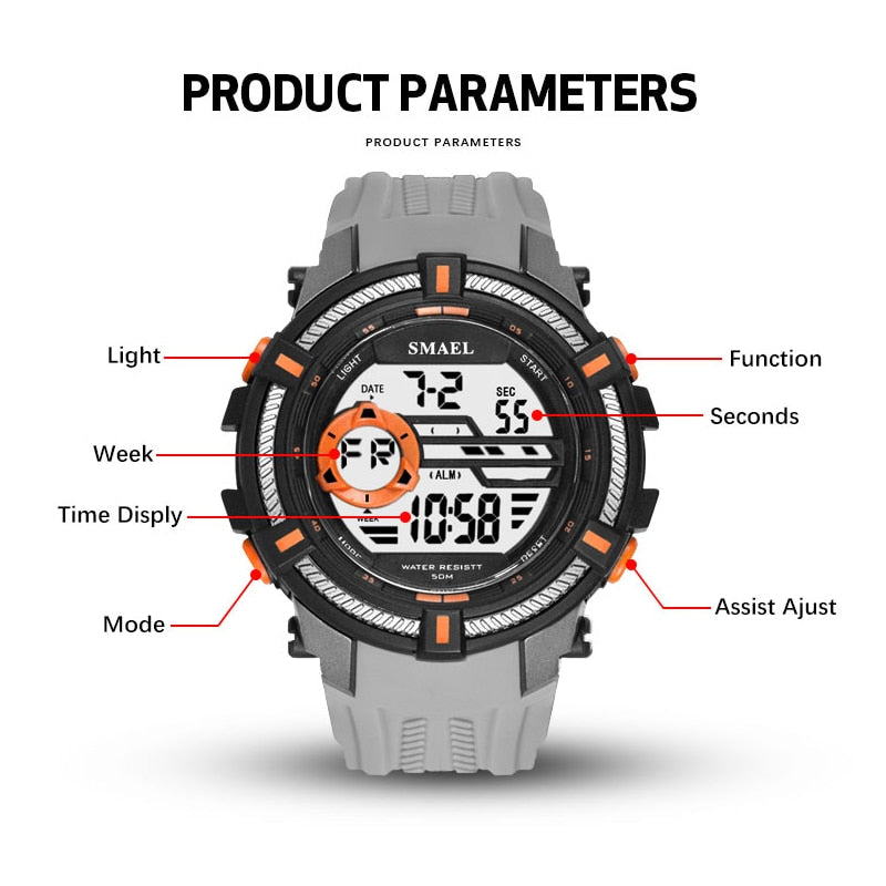 SMAEL Watch 50M Waterproof Sport Watches Military Men Big Dial S Shock Relojes Hombre Casual LED Clock1616 Digital Wristwatches