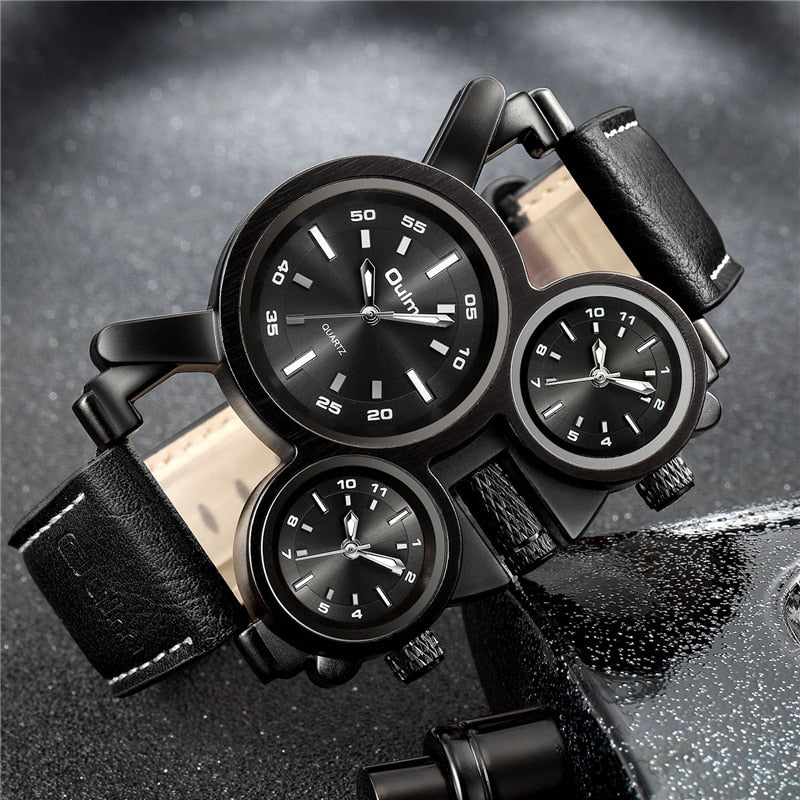 Punk Style Men Watches Oulm 1167 New Retro Male Quartz Watch Unique 3 Time Zone Quartz Clock Leather Man Military Wristwatch