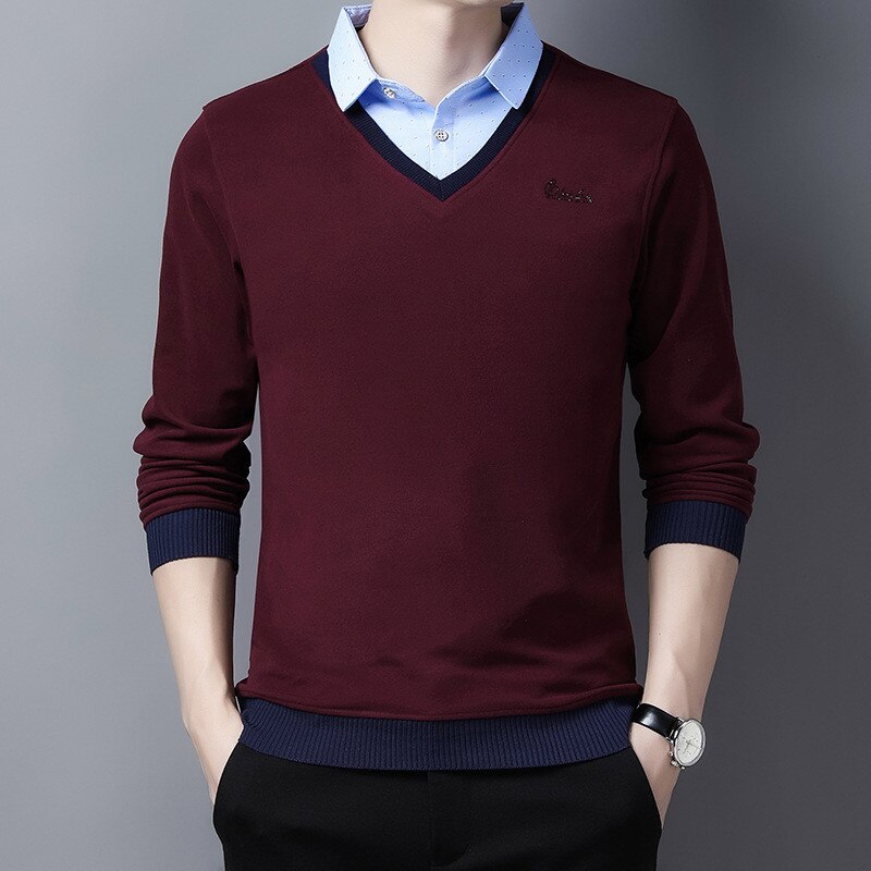 Ymwmhu New Fake Two Piece Men Polo Shirt Long Sleeve Warm Autumn and Winter Polo Shirt for Man Slim Fit Clothing Korean Tops