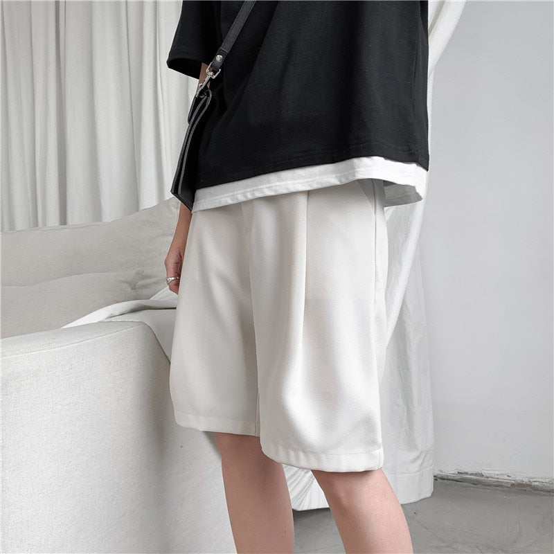 Summer Men's Shorts Straight Fit Knee-Length Short Suit Pant Solid Beige Black Summer Clothing Student Thin Casual Shorts Man