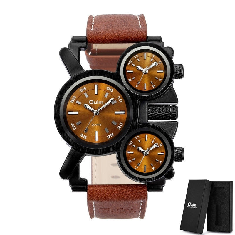 Punk Style Men Watches Oulm 1167 New Retro Male Quartz Watch Unique 3 Time Zone Quartz Clock Leather Man Military Wristwatch