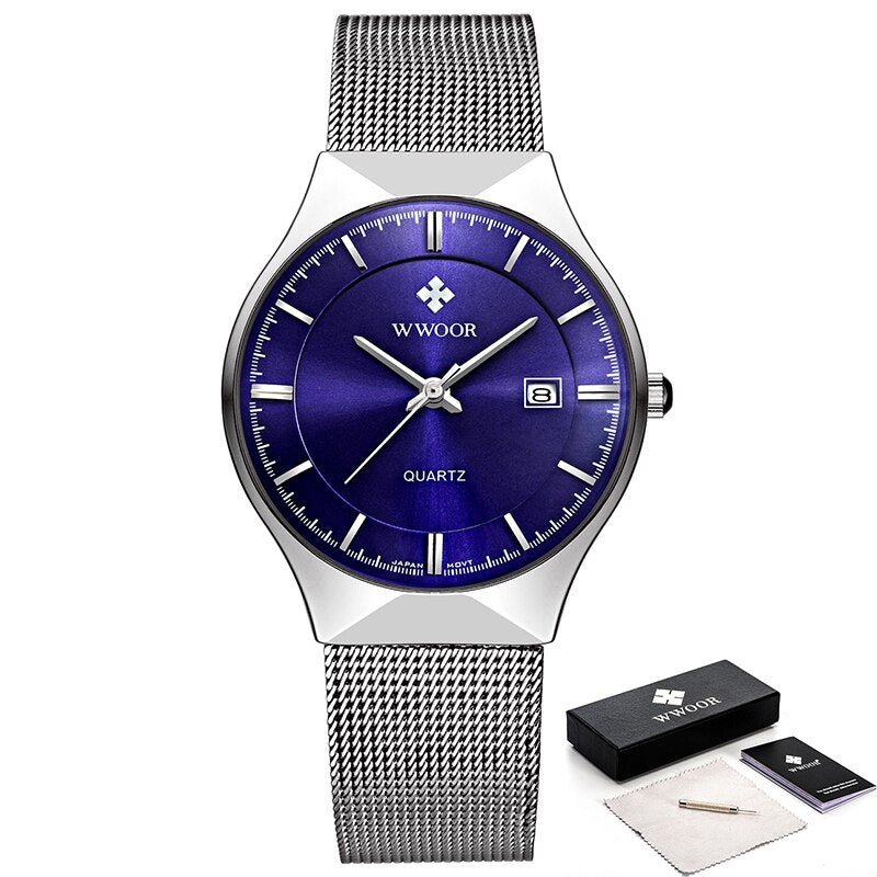WWOOR Watch Men Luxury Ultra-thin Casual Mens Watch Blue Waterproof Stainless Steel Quartz Auto Date Fashion Watches Mens 2021