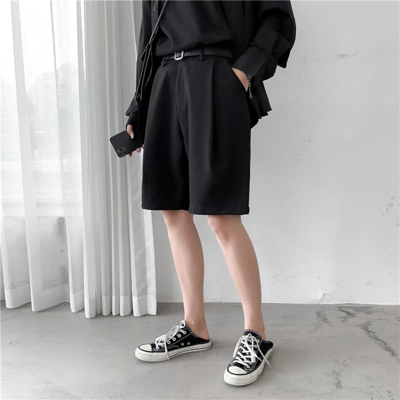 Summer Men's Shorts Straight Fit Knee-Length Short Suit Pant Solid Beige Black Summer Clothing Student Thin Casual Shorts Man