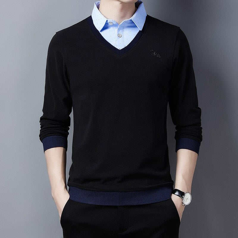Ymwmhu New Fake Two Piece Men Polo Shirt Long Sleeve Warm Autumn and Winter Polo Shirt for Man Slim Fit Clothing Korean Tops