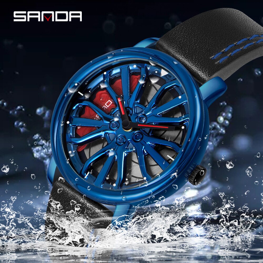 Hot Sell Fashion Men Quartz WristWatch Creative 360 Degree Rotating Car Wheel Quartz Watch Leather Waterproof Rim Hub Clock Men
