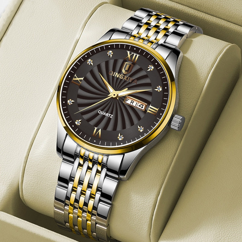QINGXIYA Top Brand Watch Men Stainless Steel Business Date Clock Waterproof Luminous Watches Mens Luxury Sport Quartz Watch