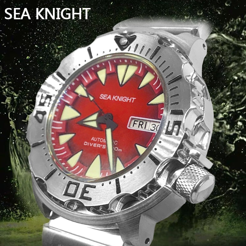 Sea knight Monster Automatic Watch Men NH36A Men's Mechanical Watches Sapphire Vintage Red Dial Green Luminous 200M Diver Watch