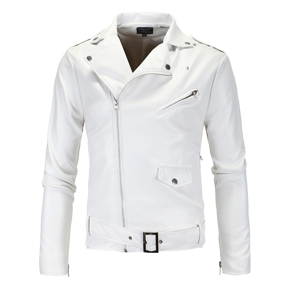 Mens Leather Jackets 2022 New White Black Casual Lapel Slim Fit Diagonal Zipper Motorcycle PU Leather Jacket Coat Mens Clothing
