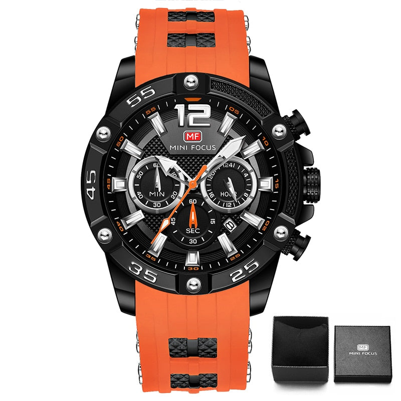 MINI FOCUS Orange Watch for Men Military Sport Chronograph Quartz Wristwatch with Silicone Strap Waterproof Luminous Hands 0349