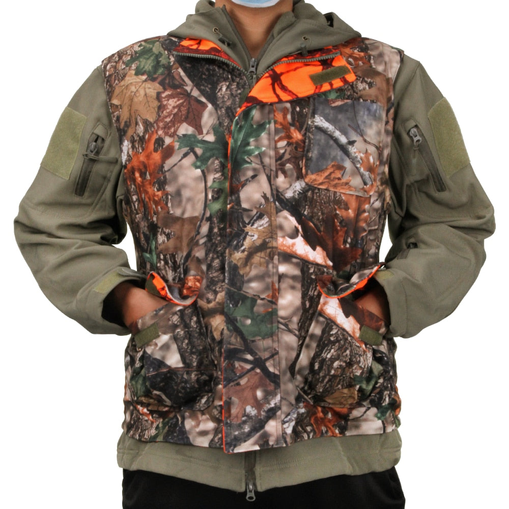 GUGULUZA M-4XL Orange Camo Hunting Vest for Men, Fleece Game Reversible Waistcoat Sleeveless Jacket Outdoor Camouflage Clothing