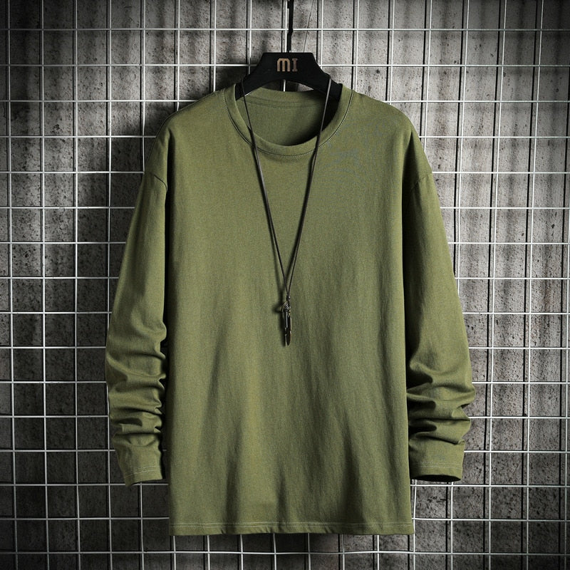 Men's Solid Color Classic Long Sleeve T-Shirt Casual Cotton Tops  Neck Pullover Tee Men Clothing