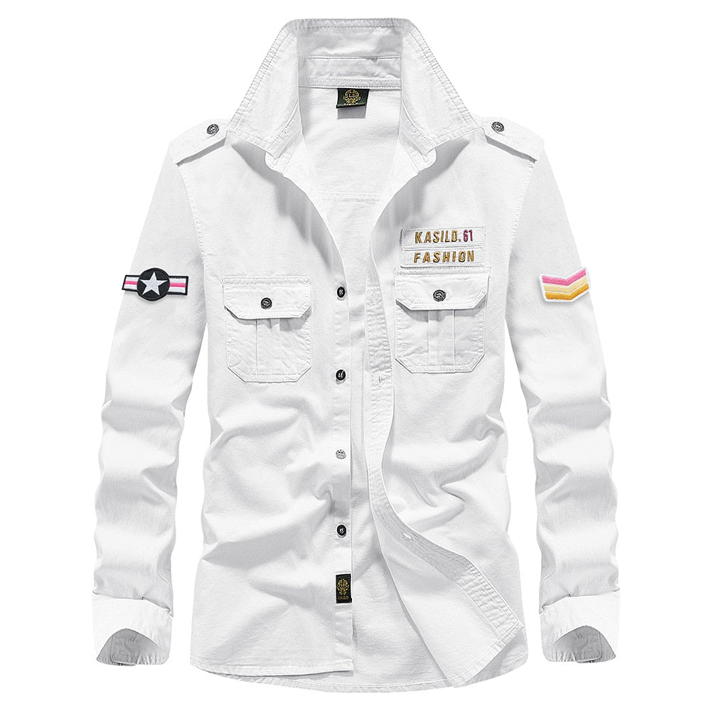 Military Shirt Men's Shirts Casual Style Clothing Cotton Long Sleeve Retro Vintage 6XL Embroidery Plus Size White Drop Shipping