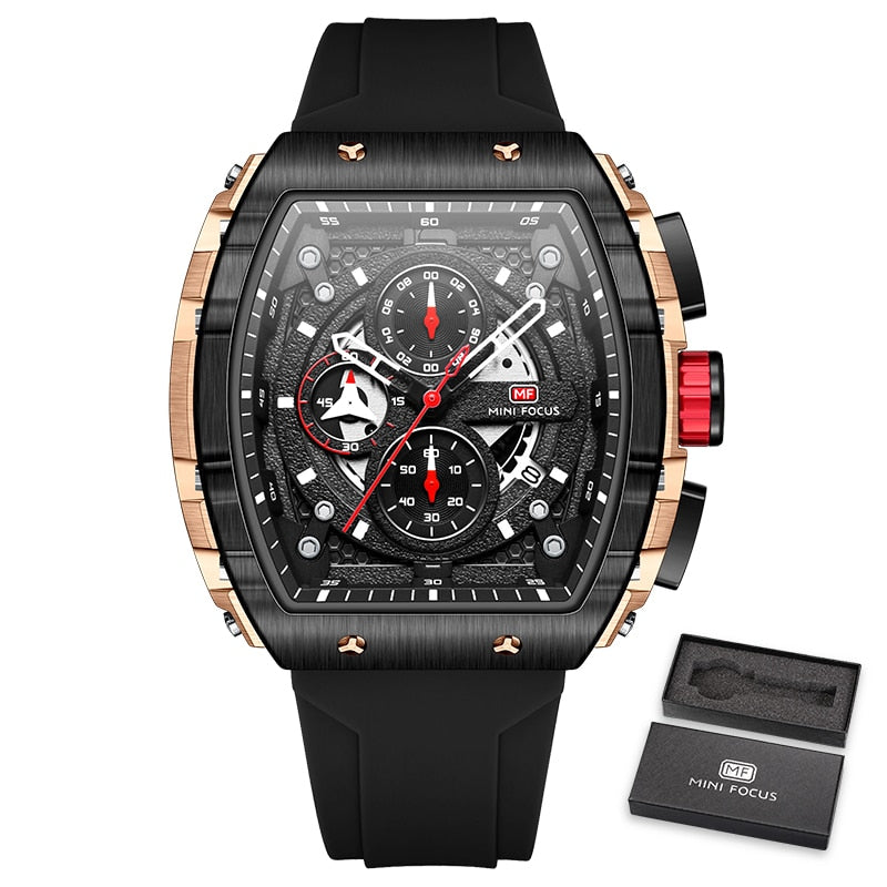 MINI FOCUS Chronograph Quartz Watch for Men Tonneau Dial Military Sport Wristwatch with Orange Silicone Strap Auto Date 0399