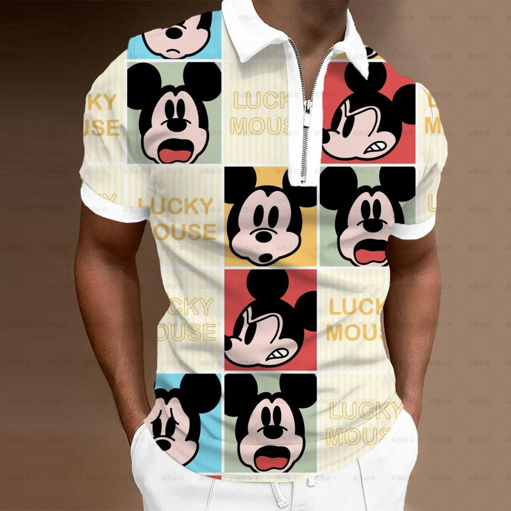 Summer Men's Clothing Polo Shirt Street Disney Mickey 3D Print Casual Short Sleeve T Shirt Men's Lapel Zip Polo Shirt