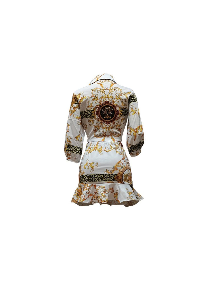 LW Sexy Two Piece Floral Leopard Print Ruffle Design Skirt Set Three Quarter Sleeve Tribal Turndown Collar Tie Front Lady Outfit
