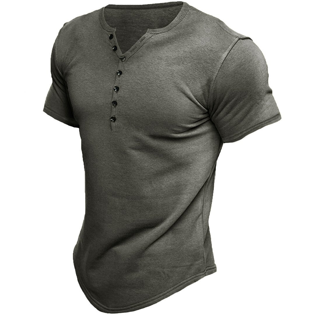 New Harajuku Cotton Henley Shirt for Men Solid Button Short Sleeve T-shirt Loose Casual Tops Men Free Shipping Male Clothing