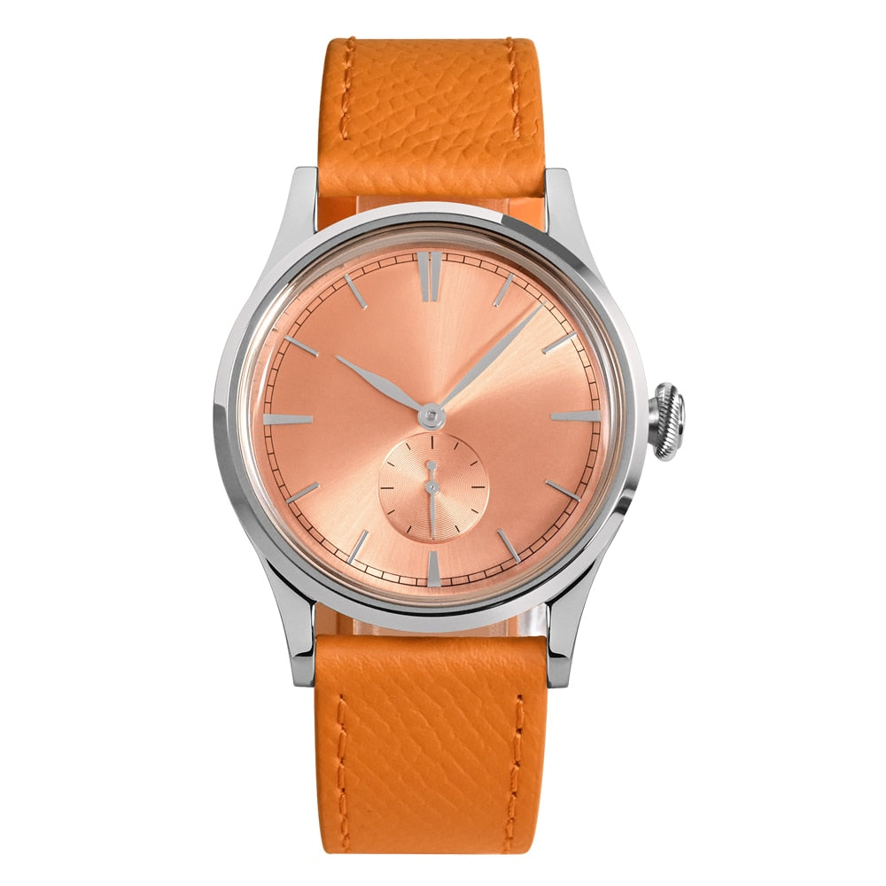 San Martin Mens Dress Watch 38mm Sunray Salmon Dial Ronda 715/6004 Quartz Movement Vintage Simple Watches 5 Bar Leather Strap