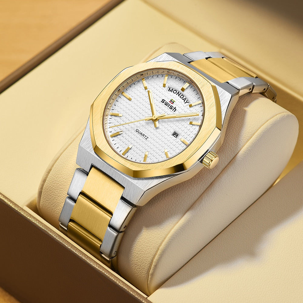 New Octagonal Design Quartz Wristwatches Men Golden Stainless Steel Dress Watch Date/Week Functions Luxury Diver's Clock Man