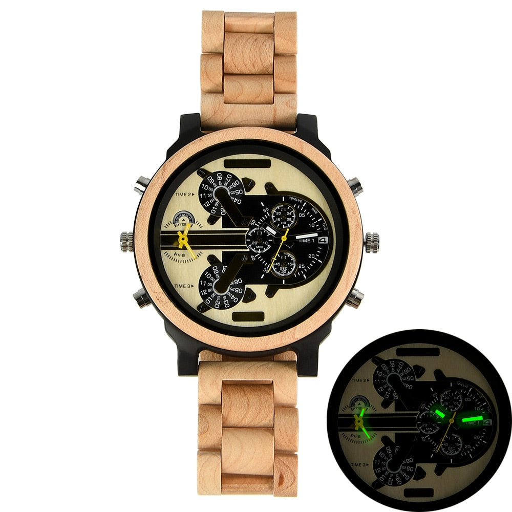 Large Wooden Watch Dial, Mens Watches, Dual Time Zone,Montre En Bois Homme,Reloj Madera,Sport Clock, Red Wood Wristwatch For Men