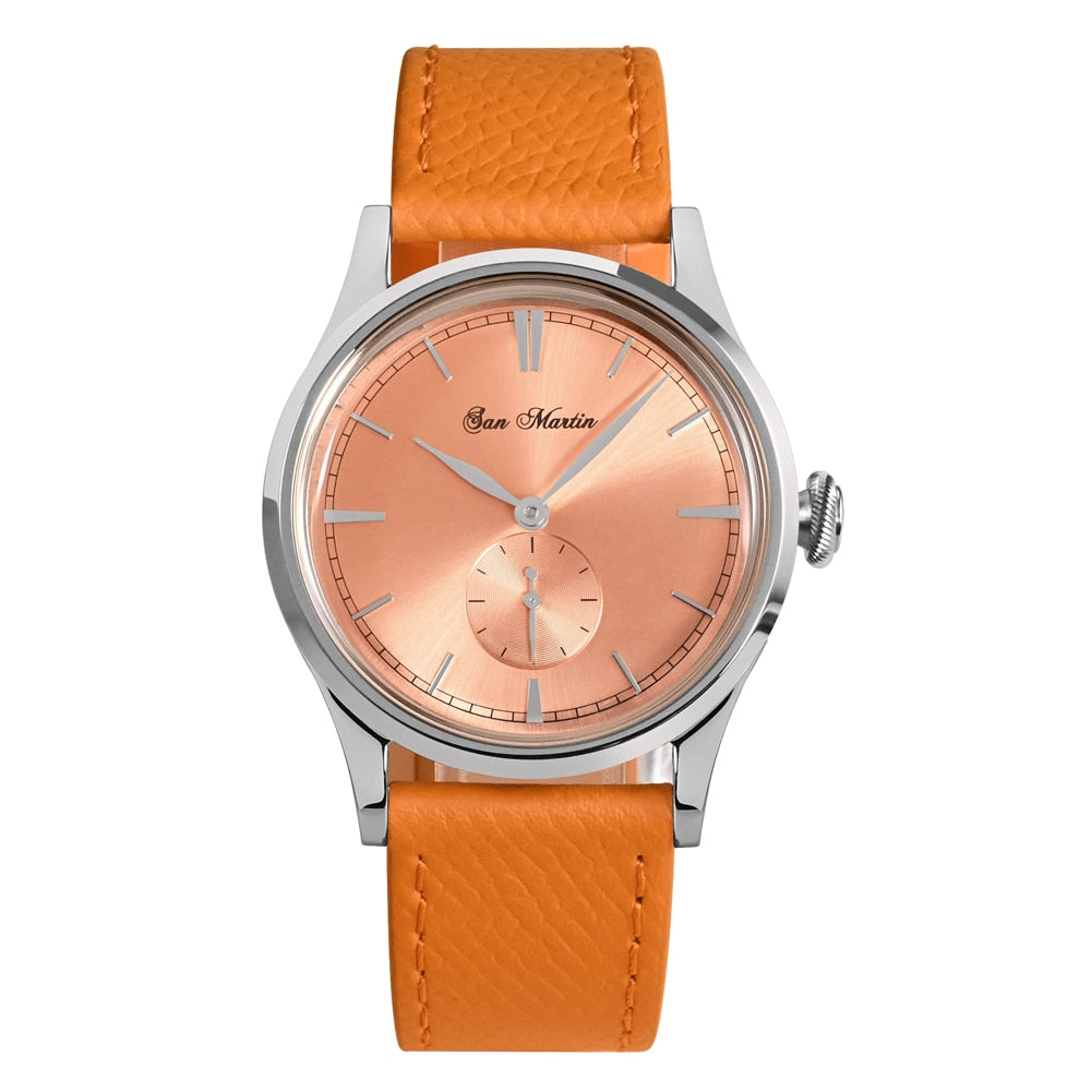 San Martin Mens Dress Watch 38mm Sunray Salmon Dial Ronda 715/6004 Quartz Movement Vintage Simple Watches 5 Bar Leather Strap